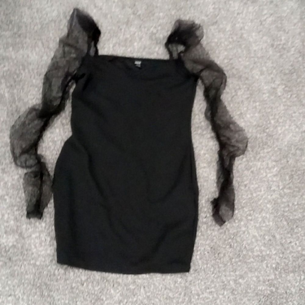 Shein stretchy long slv mini dress w sheer sleeve & puff shoulders Size Petite M